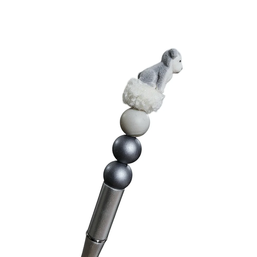 Dog Puppy Beaded Ballpoint Twist Pen Metallic Silver White Topper